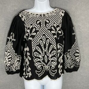 Cato Embroidered Blouse Peasant Top Tie‎ Back 3/4 Sleeve Black White Size S
